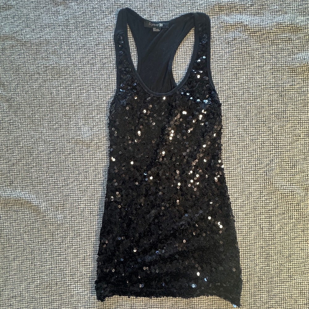 Forever 21 Black Sequin Racerback Tank Top Small Scoop Neck Sleeveless Sparkle